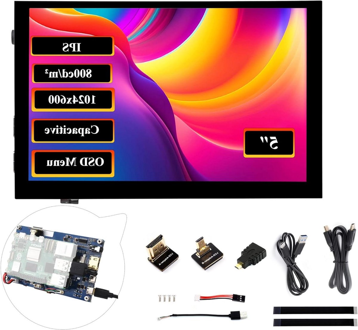 5 inch HDMI Touchscreen - Capacitief Beeldscherm - Projecten Aansturen - 178 Graden Kijkhoek - 1024 x 600 Resolutie - Zwart