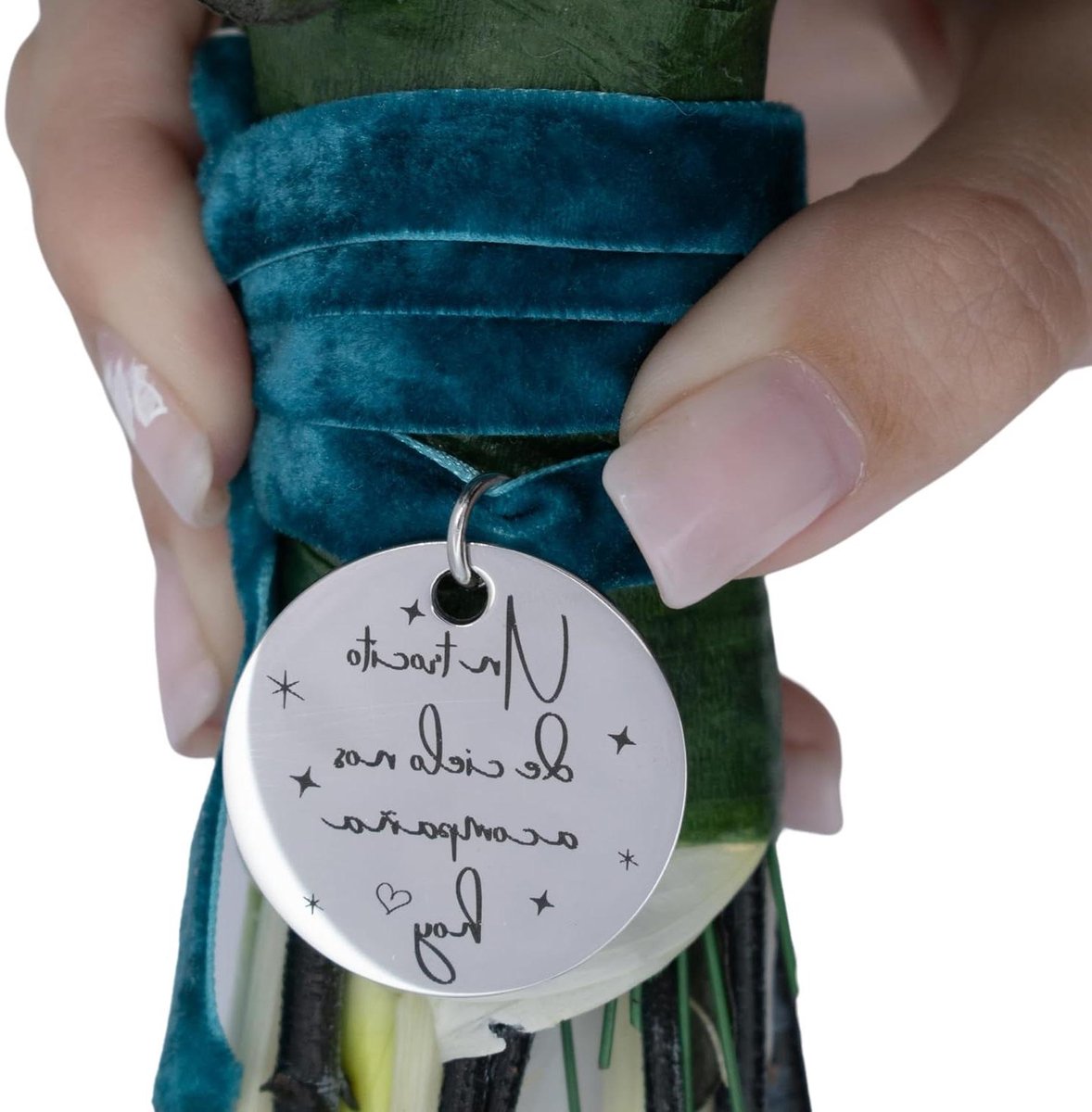 Bruiloft Medaille - Bruidsboeket Hanger - Herinnering Bruid - Handgemaakt Roestvrij Staal - 30 mm Diameter - Zilver Blauw