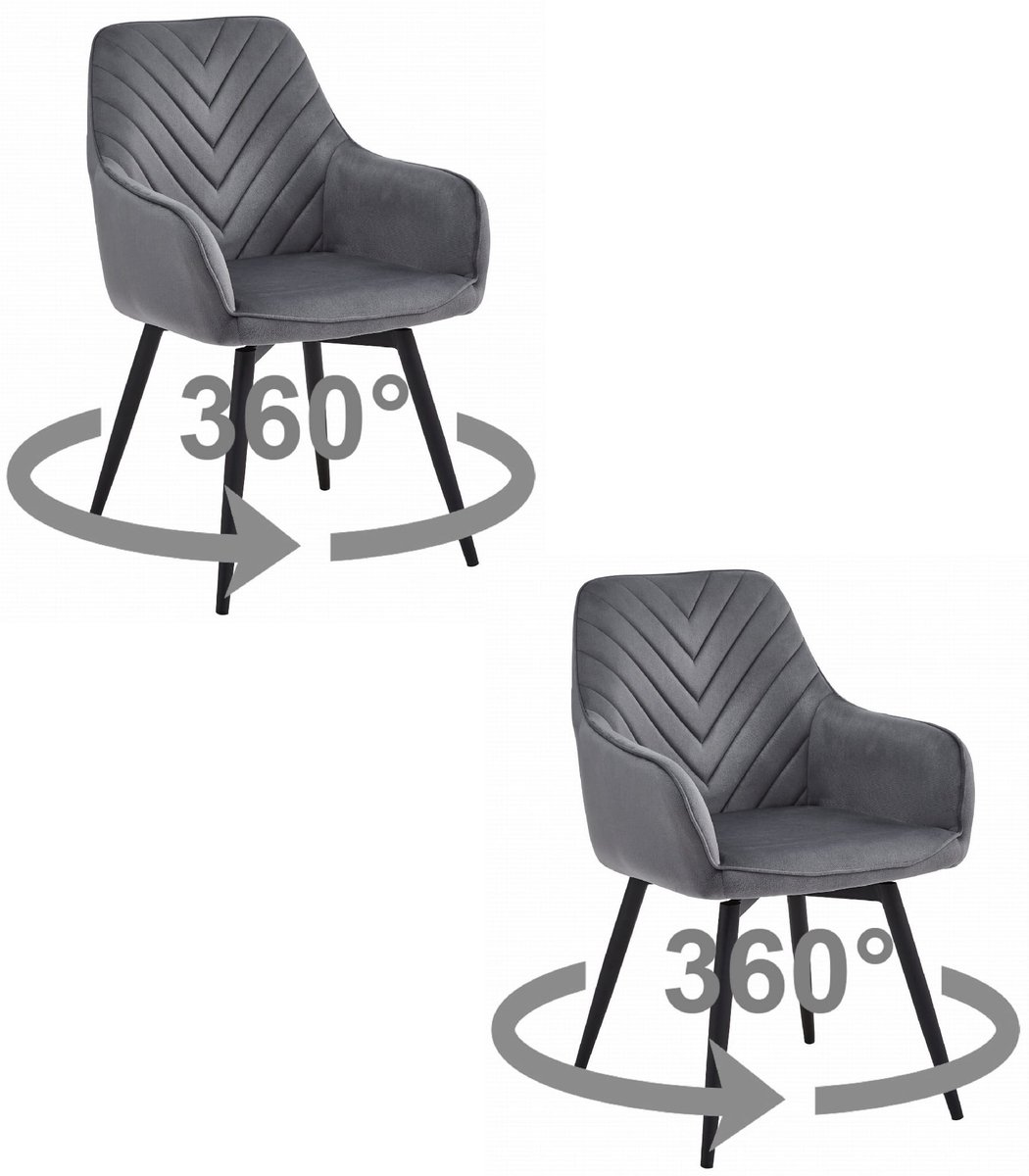 LEOBERT Set van 2 NANA360 eetkamerstoelen – Draaibaar 360° – Fluweel donkergrijs – Zwarte metalen poten Grijs/Zwart