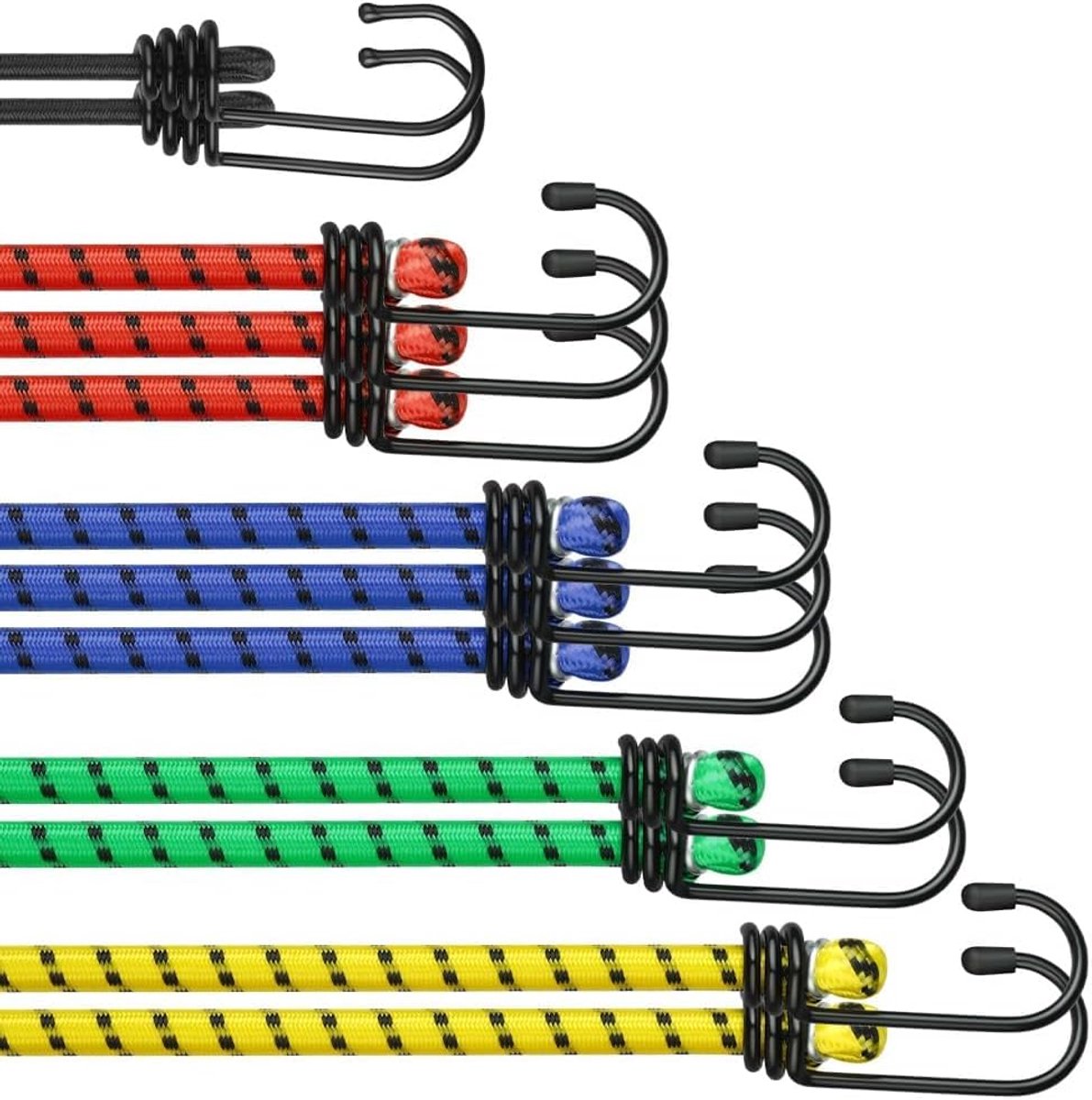 Bungee Cords met Haken - 12 Stuks Robuuste Elastische Bungee Bands - Weerbestendig en UV Bestendig - Diverse Maten Bungees voor Beveiliging van Bagage - Meubelbescherming - Handtruck