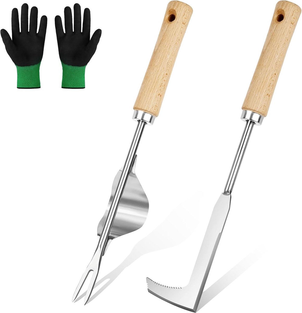 2pcs Rvs Handonkruid Gereedschap - Handmatig Onkruid Set - Lange Handgreep Onkruid Gereedschap - Paardenbloem Verwijderaar - Inclusief Tuin Onkruidhandschoenen - Transplanteren