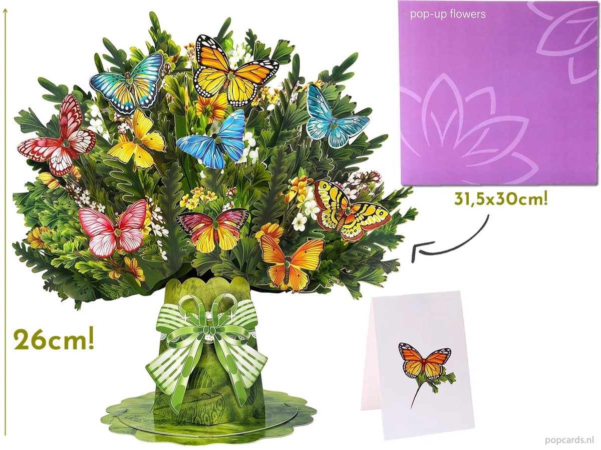 Popcards megagrote pop-up kaart - Boeket Bloemen met Vlinders | Supergrote wenskaart 3D kaart
