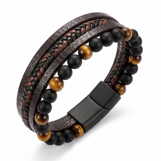 Bracelet en cuir tressé brun avec perles noires et œil de tigre, avec fermoir magnétique noir.