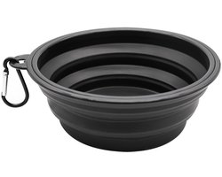 Opvouwbare drinkbak - Hondenbak - Draagbare voerbak - 450ml - 13 cm diameter - Huisdieren onderweg voeren - Draagbaar waterbakje - Reiskom - Siliconen - Zwart - Met karabijnhaak - Jonyx