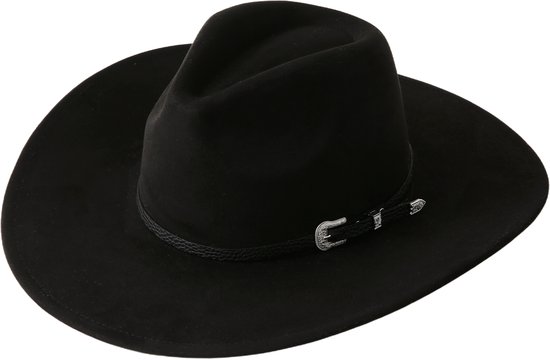 Zwarte cowboy hoed met suède look, band en gesp.