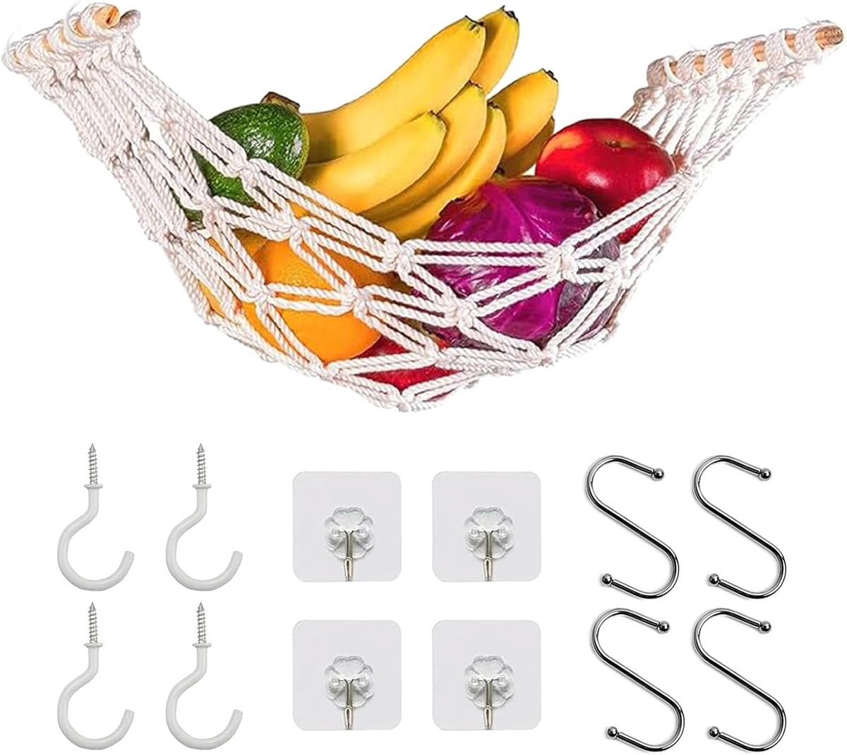 Hanging Fruit Hammock - Cotton Rope Woven Fruit Net - Fruit Hammock Storage Baskets met Hooks - Geen Boren - Opslagmanden voor Keuken en RV