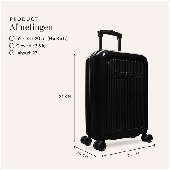 Zwarte SUITSUIT handbagage koffer van 55x35x20 cm met ribbelpatroon en uitschuifbaar handvat.