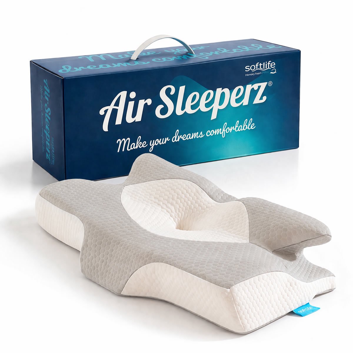 AirSleeperz SoftLife Ergonomisch Fysio Hoofdkussen - Memory Foam Nekkussen - Orthopedisch Traagschuim Kussen tegen Nek- en Schouderklachten - 64x38 cm Wit/grijs