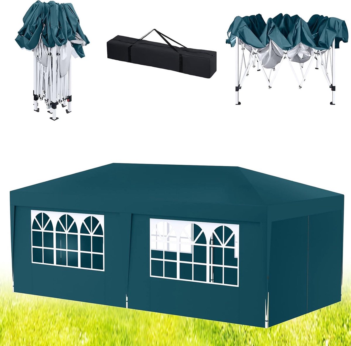 Aufun Tuinpaviljoen 3x6m inklapbaar met 6 zijwanden, 4 met ramen en 2 met rits, UV-bescherming voor buiten en kamperen, groente