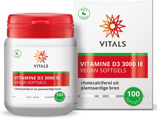 Pot en doos Vitals Vitamine D3 3000 IE vegan softgels. 100 stuks.