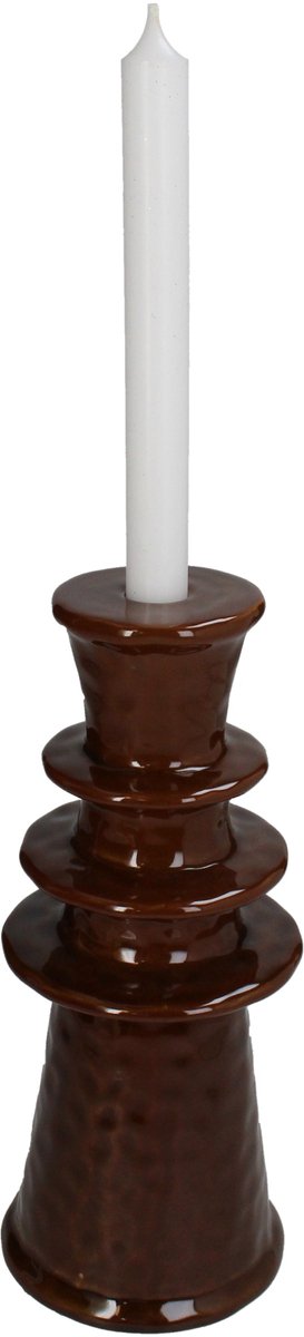 Kandelaar Inya - Keramiek - Bruin - 12x27x12 cm (BxHxD) - Voor dinerkaars - Sfeervol Interieur