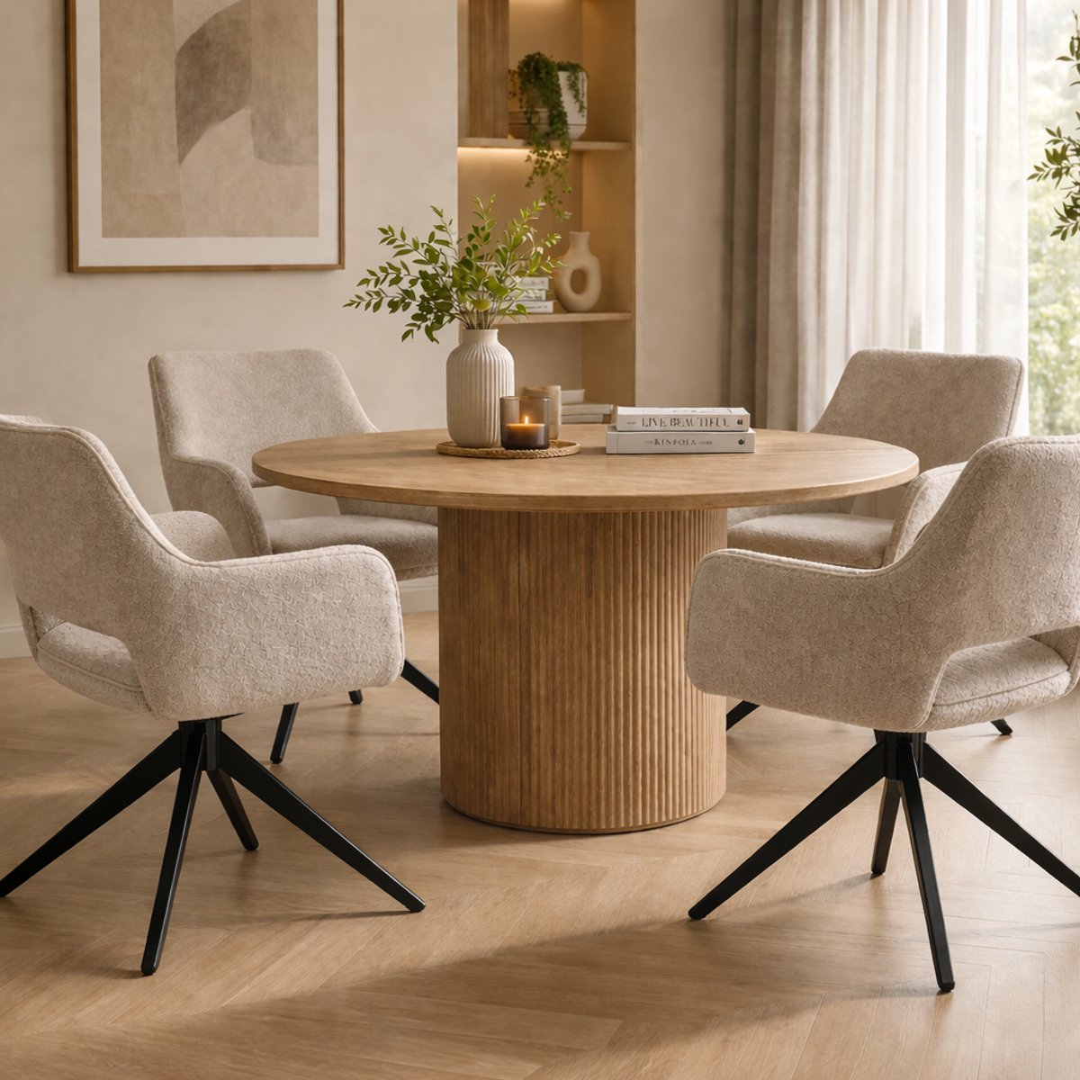 Bam & Boo Serena Draaistoelen Set van 2 – Beige Chenille Eetkamerstoelen met Armleuningen – 360° Draaibaar – Moderne Stoel – Zwart Metalen Onderstel – foto 6