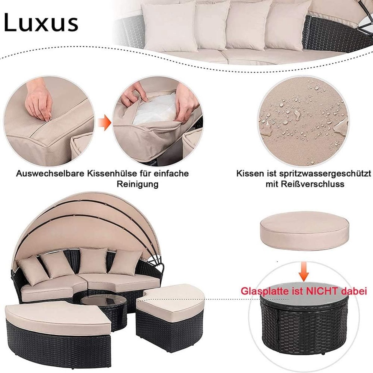 Zonne-eiland 4 Personen met Dak – Luxe XXL Rotan Tuin Loungeset / Tuinschelp met 10 cm Kussens – Outdoor Ligbed Zonnebed Weerbestendig –Zwart – ABTkantoor
