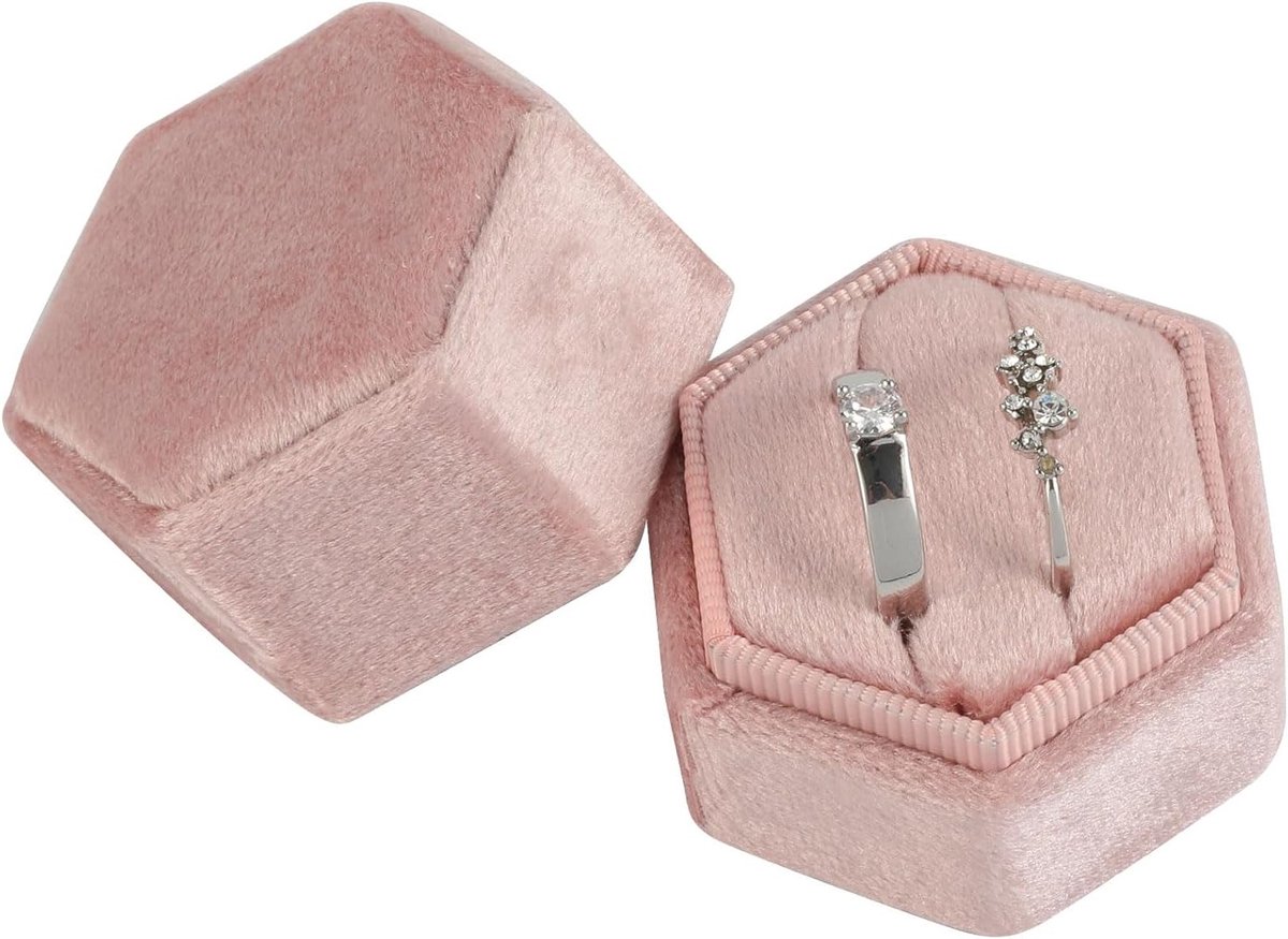 Hexagonale Ringdoos met 2 Slots en Afneembaar Deksel voor Huwelijk, Verloving en Valentijnsdag - Roze Corduroy Design