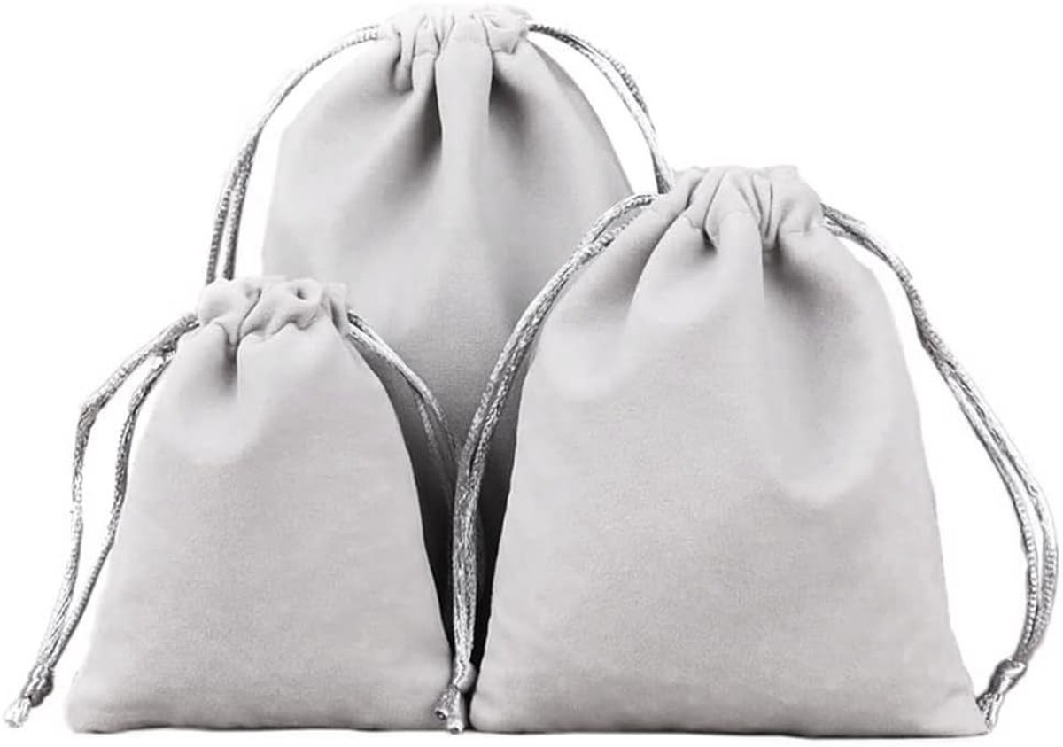 12 Stuks Fluwelen Sieraden Pouches, Kleine Trekkoord Tasjes voor Sieraden, Cadeauverpakking voor Bruiloft en Feestjes, 7 x 9 cm, Lichtgrijs, Perfect voor Verjaardagen en Kerstmis