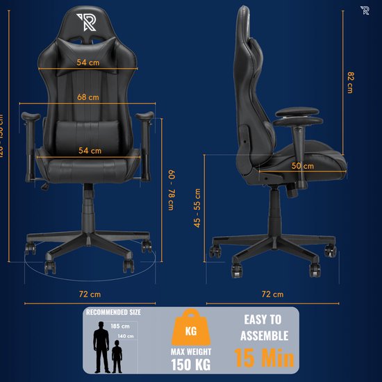 Ranqer Felix – Chaise gaming avec dossier et accoudoirs réglables – Siège gamer Noir