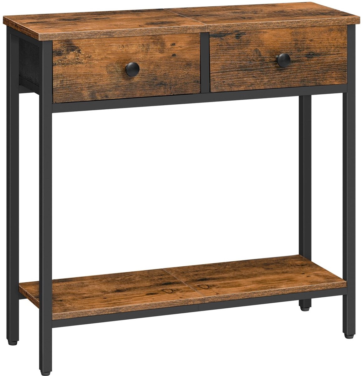 Rustiek Bruin en Zwart - Industrieel Design - Slanke Consoletafel met 2 laden- Smalle Tafel - Twee Stoffen Lades en Open Planken - Wandtafel - Haltafel- Gangkast - Sidetable - Gangtafel - Kleine - Kleine Ruimtes - Woonkamer Industrieel - Rustiek