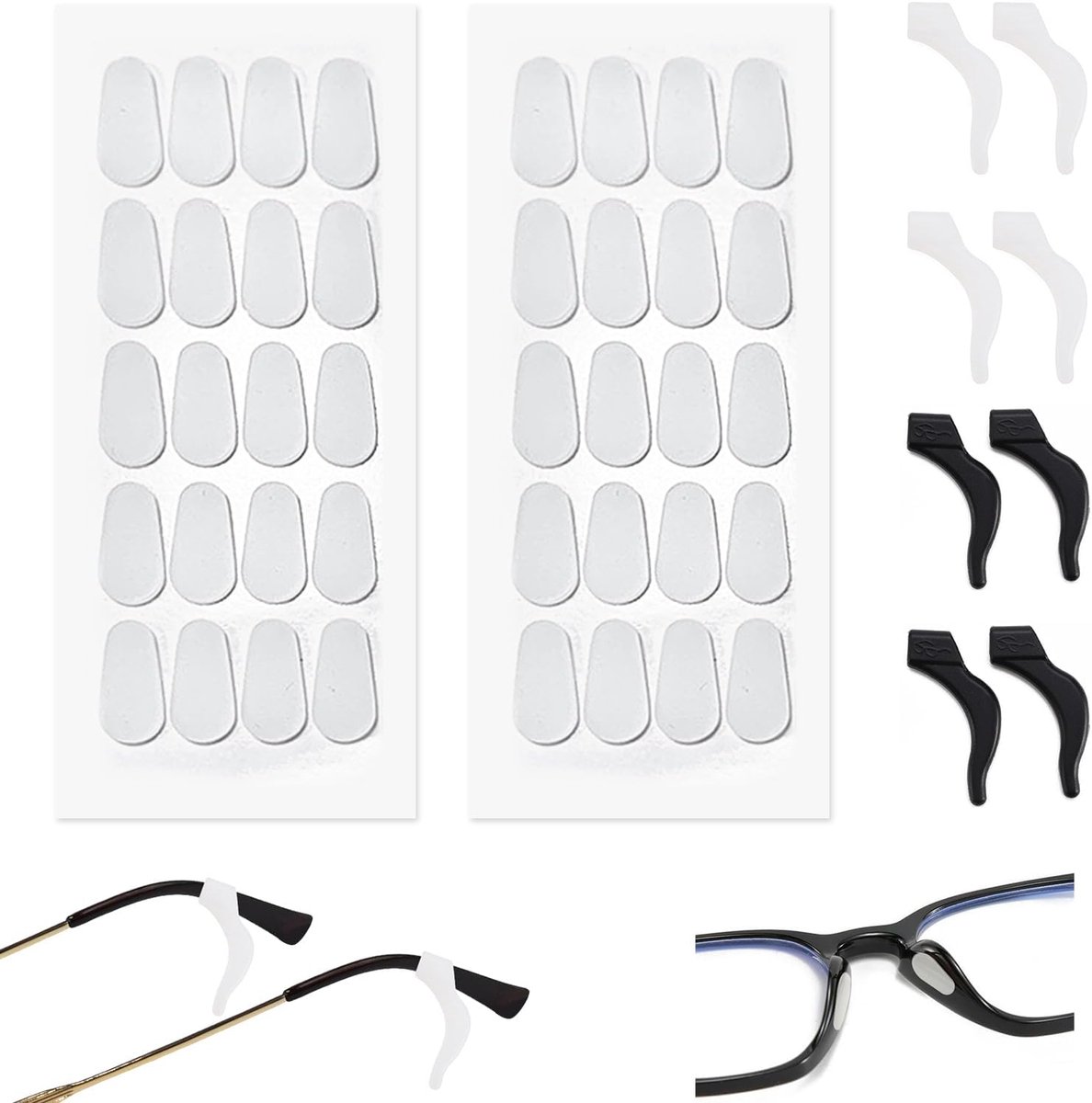 20 paar niet-slip silicone neuspads - 4 paar glazen oorhouders - universele pasvorm voor brillen en zonnebrillen - eenvoudige installatie - milieuvriendelijk - perfect voor een platte neus