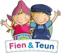 Illustratie van Fien & Teun, met meisje met geruite rode hoed en jongen met blauwe pet en tuinbroek.
