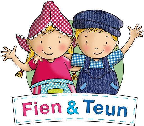 Illustratie van Fien & Teun, met meisje met geruite rode hoed en jongen met blauwe pet en tuinbroek.