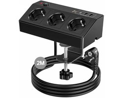 StayPowered Tafelstopcontact - Ultime Oplossing voor Uw Bureau - 7-in-1 Stekkerdoos - 2x USB-C (PD 20W) - 2x USB-A - 3x AC Stopcontacten - 180 Graden Draaibare Tafelklem - 2m Kabel - Overspanningsbeveiliging - Zwart - Levering Sneller dan Aangegeven!
