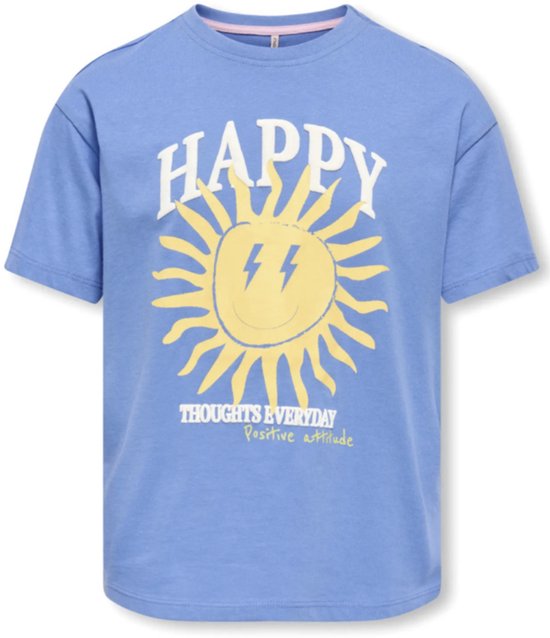 Blauw T-shirt met opdruk 'HAPPY THOUGHTS EVERYDAY Positive attitude' en een lachende zon met bliksemschichten.