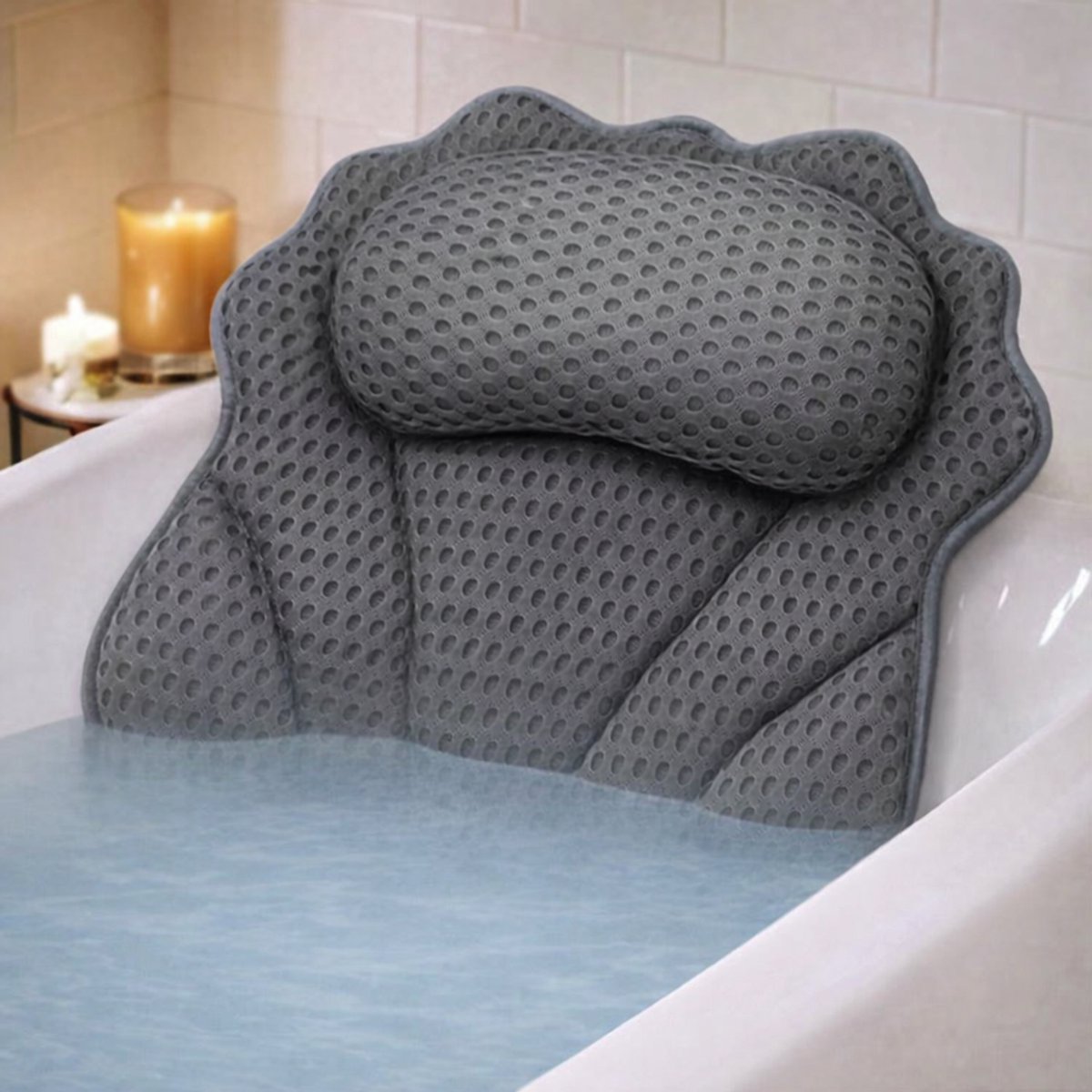La Aster Badkussen - Spa Comfort - Grijs - Ergonomische Hoofd- en Neksteun - Anti-Slip - 6 Sterke Zuignappen - Sneldrogend 4D Air Mesh
