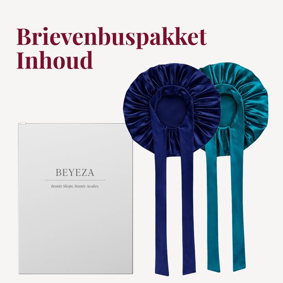 Inhoud van het brievenbuspakket: BEYEZA doos en twee satijnen slaapmutsen in donkerblauw en smaragdgroen.