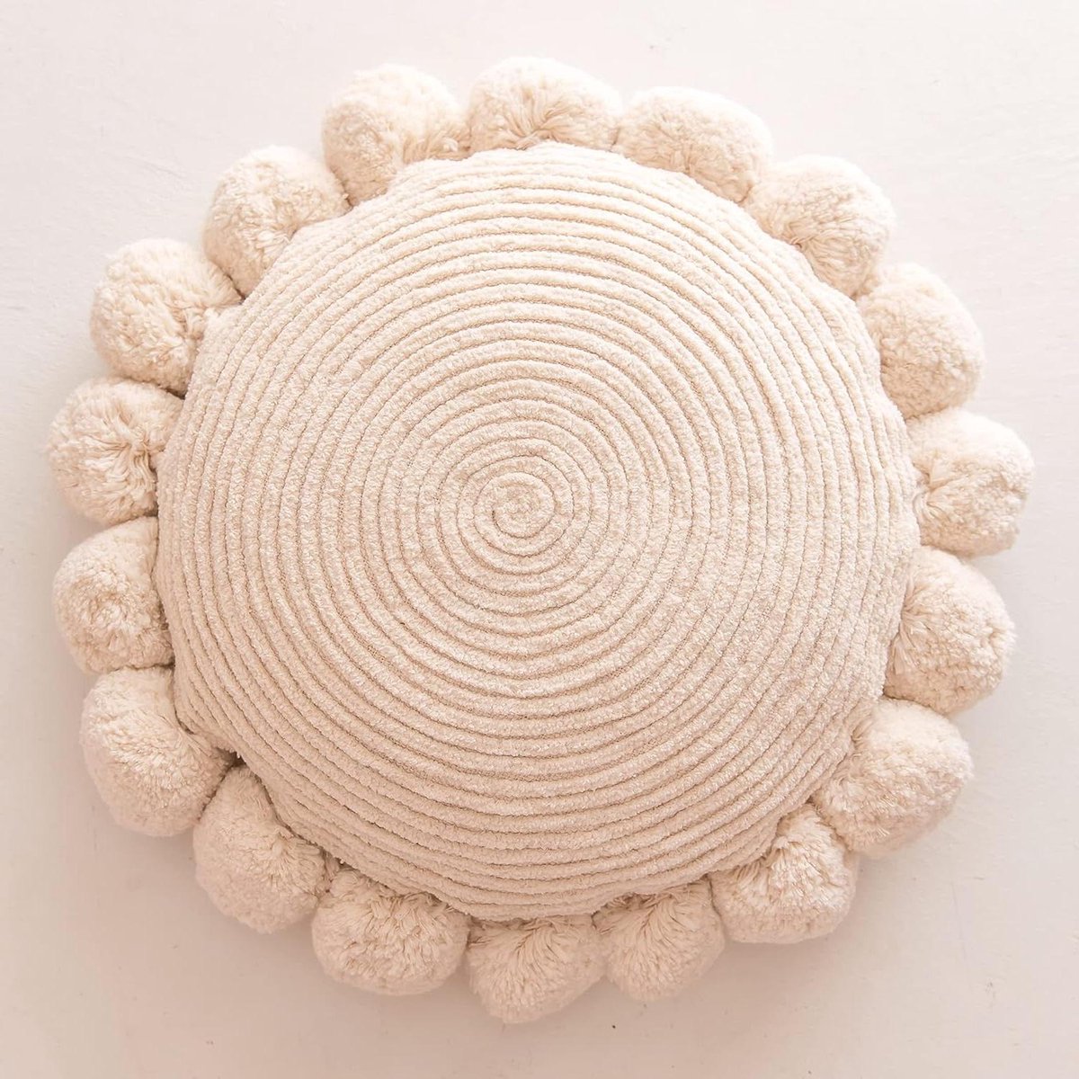 Decoratieve Kussensloop - Boho Kussenhoes - Interieur Verfraaien - Handgetufte Poms - 40 cm Rond - Natuurlijk Wit