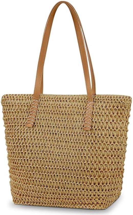 Sac cabas en paille doré avec des anses en cuir marron tressé. Le sac présente une structure ouverte tressée.