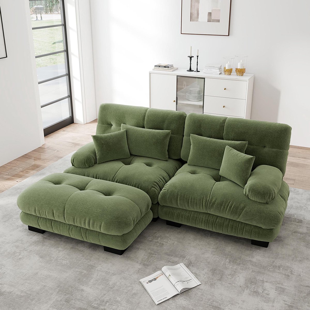 BLACKCOLORS Cloud hoekbank voor de woonkamer, tweezitsbank in chenille met 2 rugkussens en 2 sierkussens, gestoffeerde bank met brede armleuningen en chaise longue, groene chenille