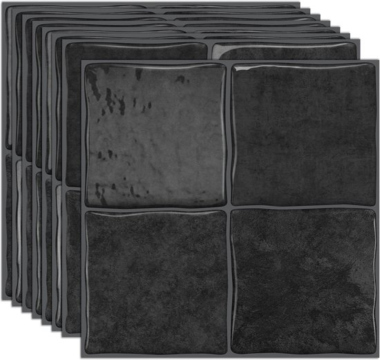 Set van 10 antracietkleurige 3D tegelstickers van 15.25 x 15.25 cm met een voelbare textuur en donkere, glanzende afwerking.