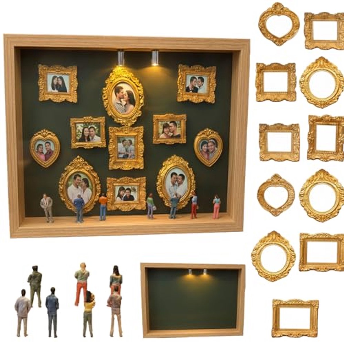 DIY Set - Mini Museum Silhouette Box - 8 Figuren en 11 Lijsten - Natuurhout Kleur - Creatief Herinneringsdisplay - Voor Jubilea en Feesten