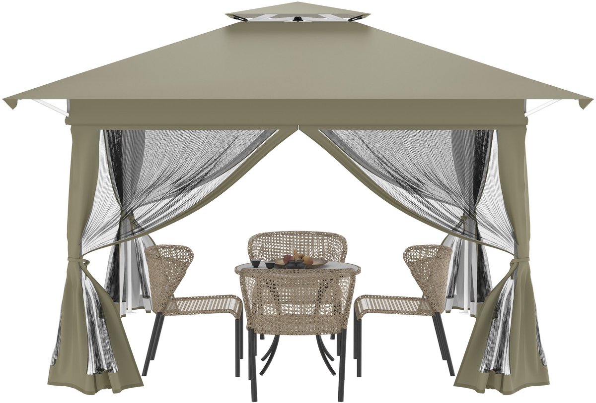 Aufun 4x4M Pop-up Tuinfeesttent - Opvouwbaar Paviljoen met Dubbele Beschermhoes, Afneembare Zijpanelen en Muggennet, Khaki