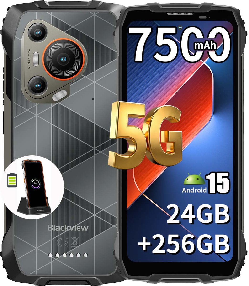Blackview BL7000 Robuuste Smartphone & Oplaadstation Base Oplader Stand - 6.78 inch 120Hz - Android 15 - 24GB RAM - 256GB ROM - 50MP + 32MP Camera - 7500mAh - IP68 Waterdicht Outdoor Telefoon - Dual SIM 5G - NFC, OTG, GPS, FM - Zwart