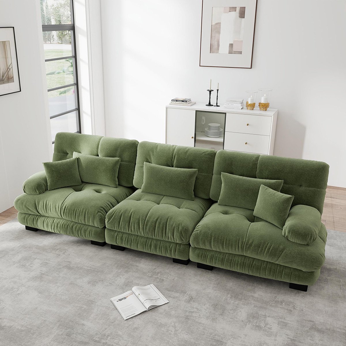BLACKCOLORS Modulaire hoekbank 3-zits met diepe zitting, comfortabele en gestoffeerde slaapbank van chenille voor woonkamer, appartement, studio, kantoor, chenille groen