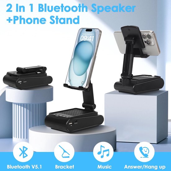 Bluetooth Luidspreker met Mobiele Telefoonstandaard - HD-Surround-Sound - Compatibel met Telefoon en Tablet - 139*80*59mm - Zwart — afbeelding 5