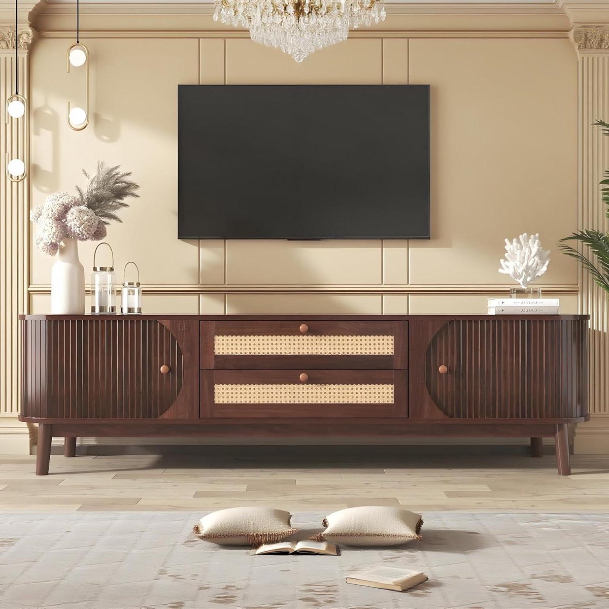 Tv meubel - Tv kast dressoir - Woonkamer opbergen - Rotan details - 170 x 395 x 46 cm - Donkergrijs