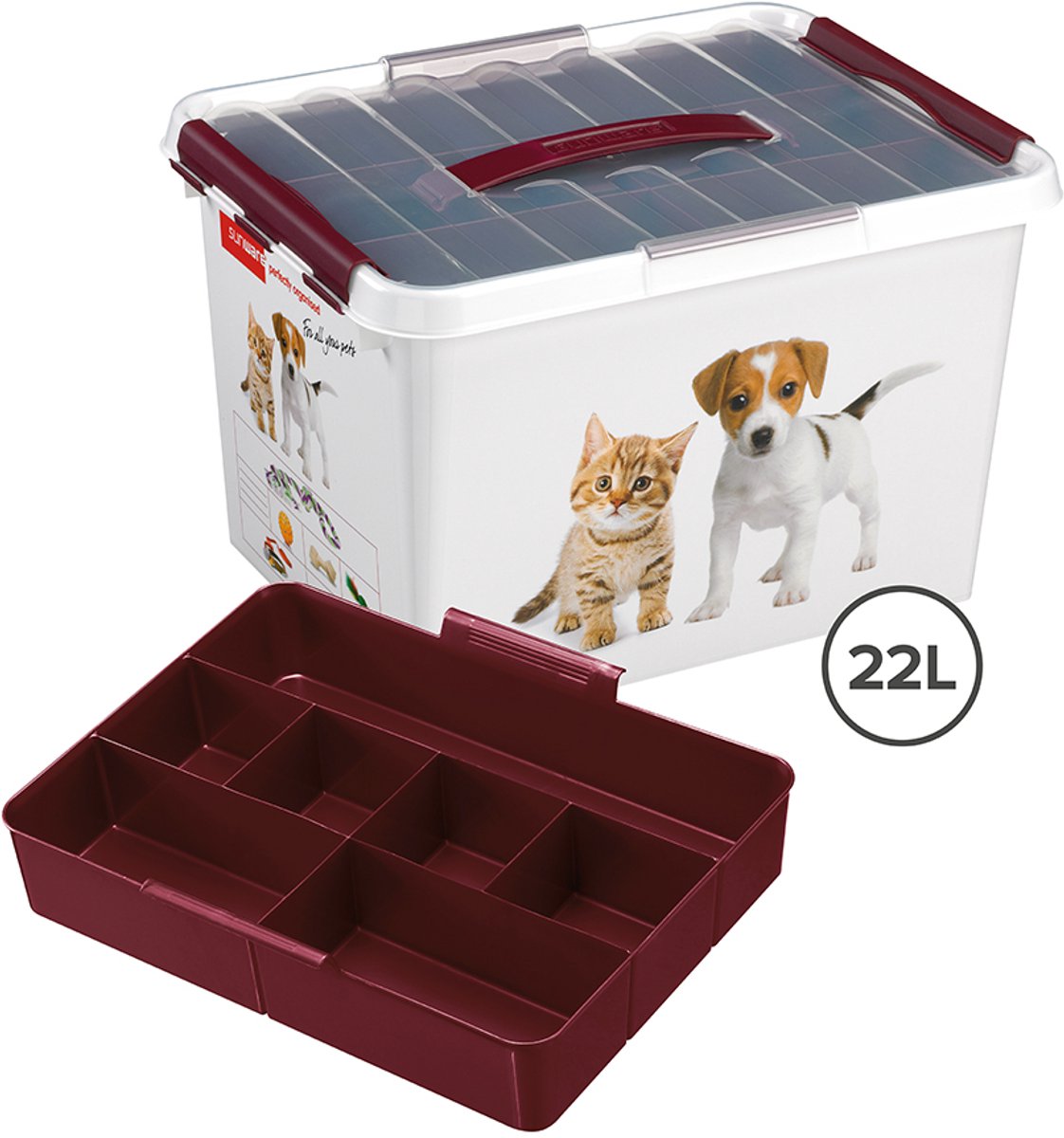 Sunware Q-line huisdieren opbergbox met inzet 22L - 40x30x26 cm - Wit/Rood