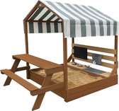 AXI Bo Zandbak & Speelhuisje 159 x 105 cm met Speelkeuken en Picknicktafel Bruin – FSC hout – Met Krijtbord en 6-delig Zandbak Accessoireset – Inclusief afdekzeil en gronddoek – 10 jaar garantie