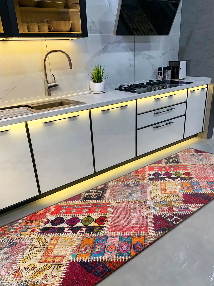 De Groen Home Vloerkleed 65x180cm - HARMONIE COLLECTIE - Patchwork Edition - Keukenloper - Halloper - Wasbaar Antislip Zacht Tapijt