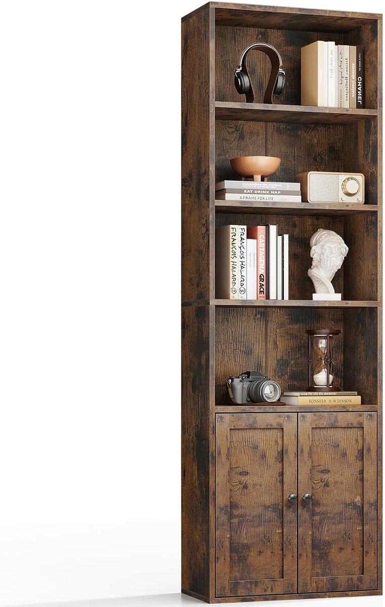 HOMESY 6-laags boekenkast met deuren en kastje, Vloerstaand boekenrek voor presentatie en opslag, Boekenkasten voor huis, kantoor, woonkamer, slaapkamer, Bruin, 48 x 24 x 176