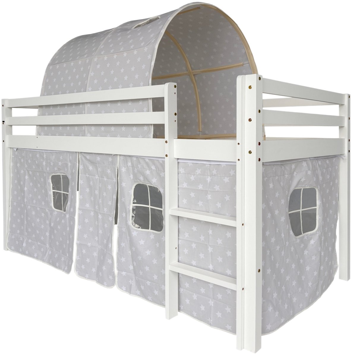 Hoogslaper 90x190 cm Kinderbed (zonder matras), wit grenenhout met katoenen tent, speelbed met veiligheidshekje en ladder