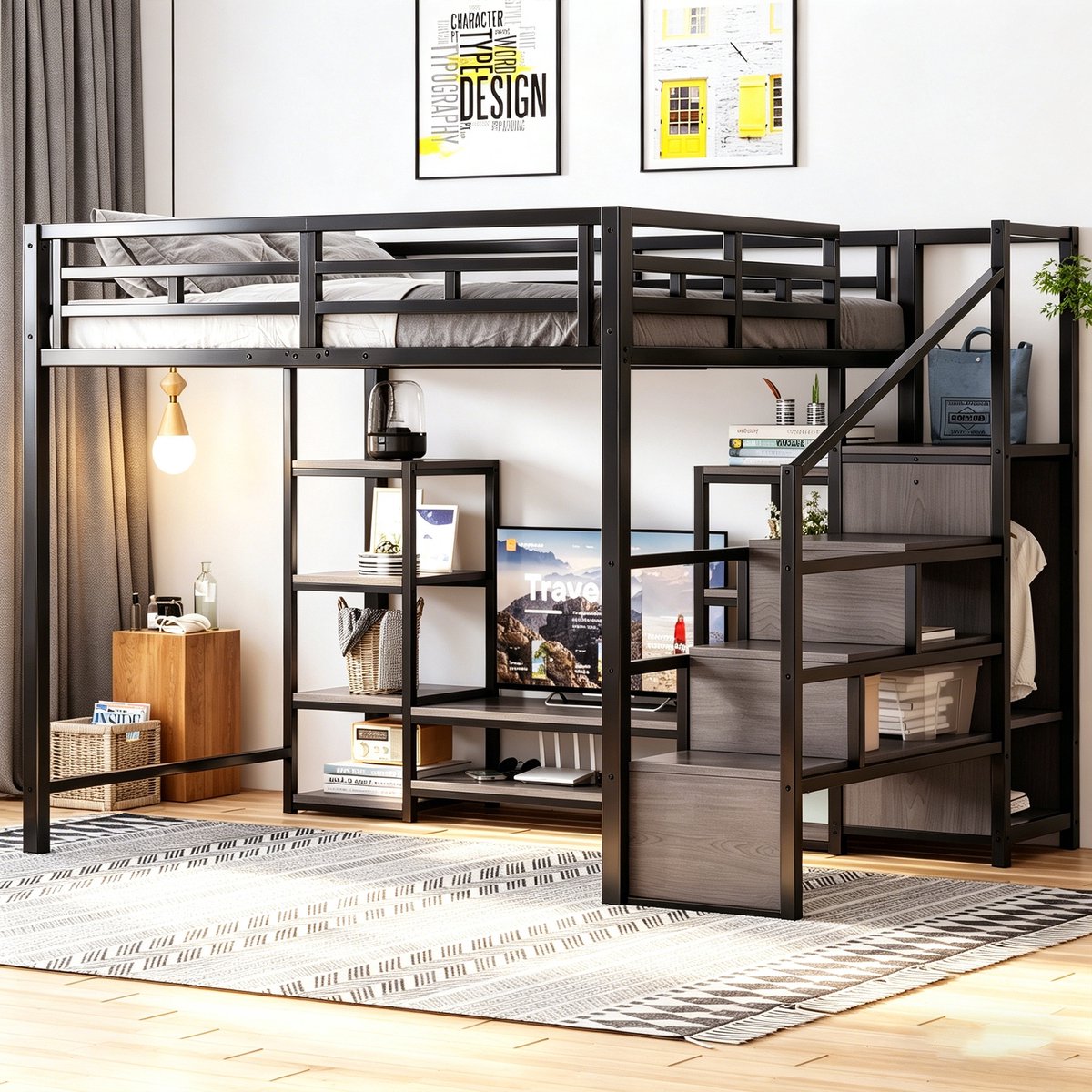 Sweiko Hoogslaper - 140 x 200 cm - met TV-beugel - Stopcontact - Opbergplank - Metalen frame - Zwart