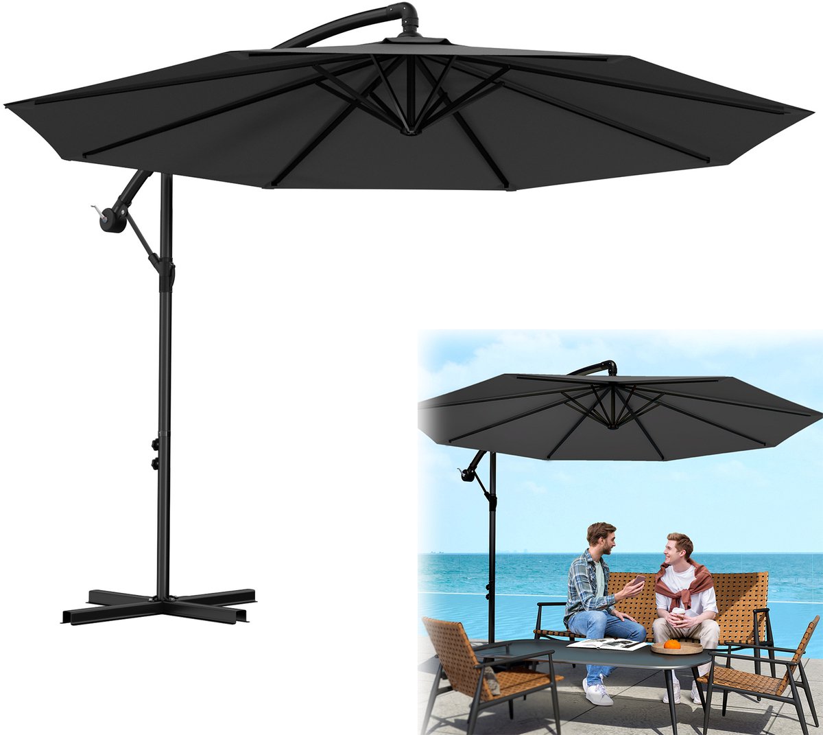 Aufun Zwevende Zwengelparasol Ø300cm - UV-bescherming | Tuin/Terras/Balkon - Donkergrijs