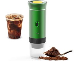 Groene, draadloze koffiemachine voor in de auto, thuis en op reis, 3-in-1 elektrische koffiemachine, geschikt voor capsules of gemalen koffie, mini-koffiemachine (15 bar) voor koud brouwen en warm koffiezetten, kopjes met een inhoud van 15 ml.