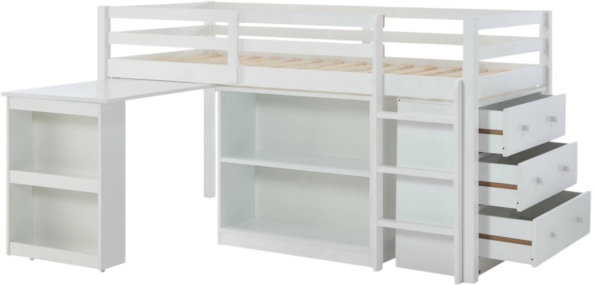 Kinderbed 90x190 cm Hoogslaper (zonder matras), halfhoog bed van wit grenenhout met bureau en opbergruimte voor kinderkamer