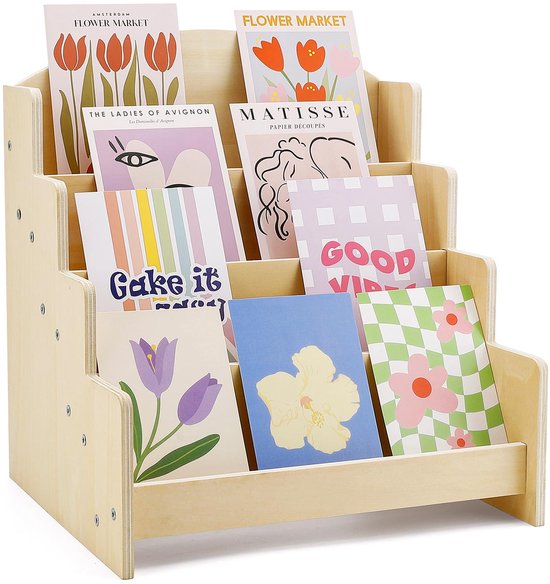 Kaartenrek 4 lagen van hout - Display standaard voor ansichtkaarten, foto's, stickers en brochures - Houder voor winkel en thuisgebruik