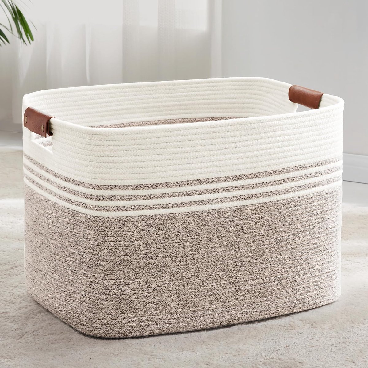 Wasmand, gevlochten, groot, van katoenen touw, 100 liter, opbergmand met leren hengsels, mand voor dekens, kleding, speelgoed, wasmand voor kinderkamer en woonkamer, 60 x 40 x 40 cm, wit en bruin