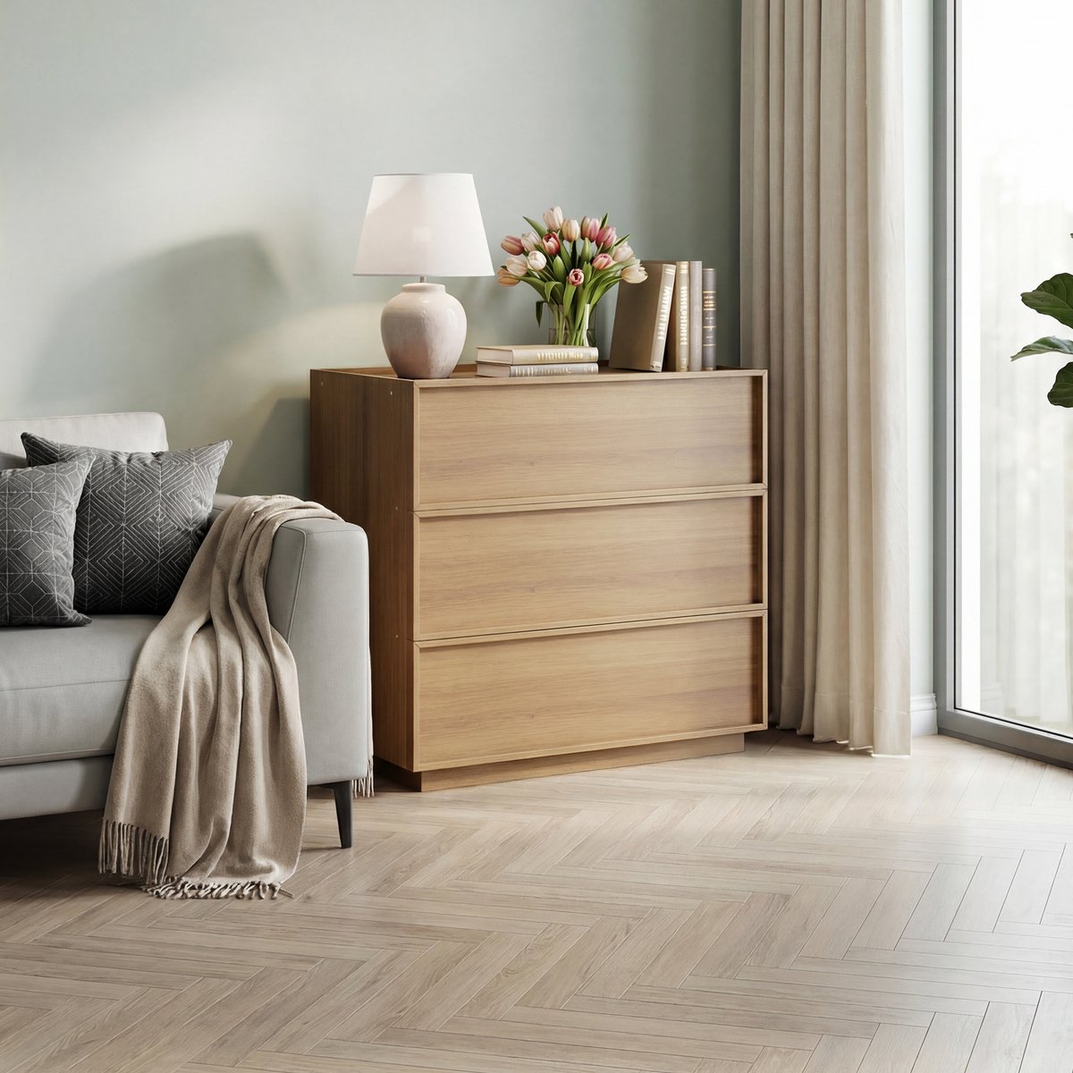 MIVRAY Ladekast - Drie Greeploze Lades Met Veel Opbergruimte - Voor Slaapkamer En Hal - MDF En Spaanplaat - 80x48x78 Cm Eik